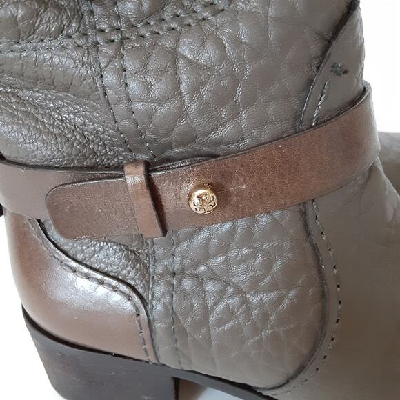 Tory Burch Leona Riding Boots Gray Pebble Leather Mid Calf Womens 5.5 Authentic - Picture 7 of 16